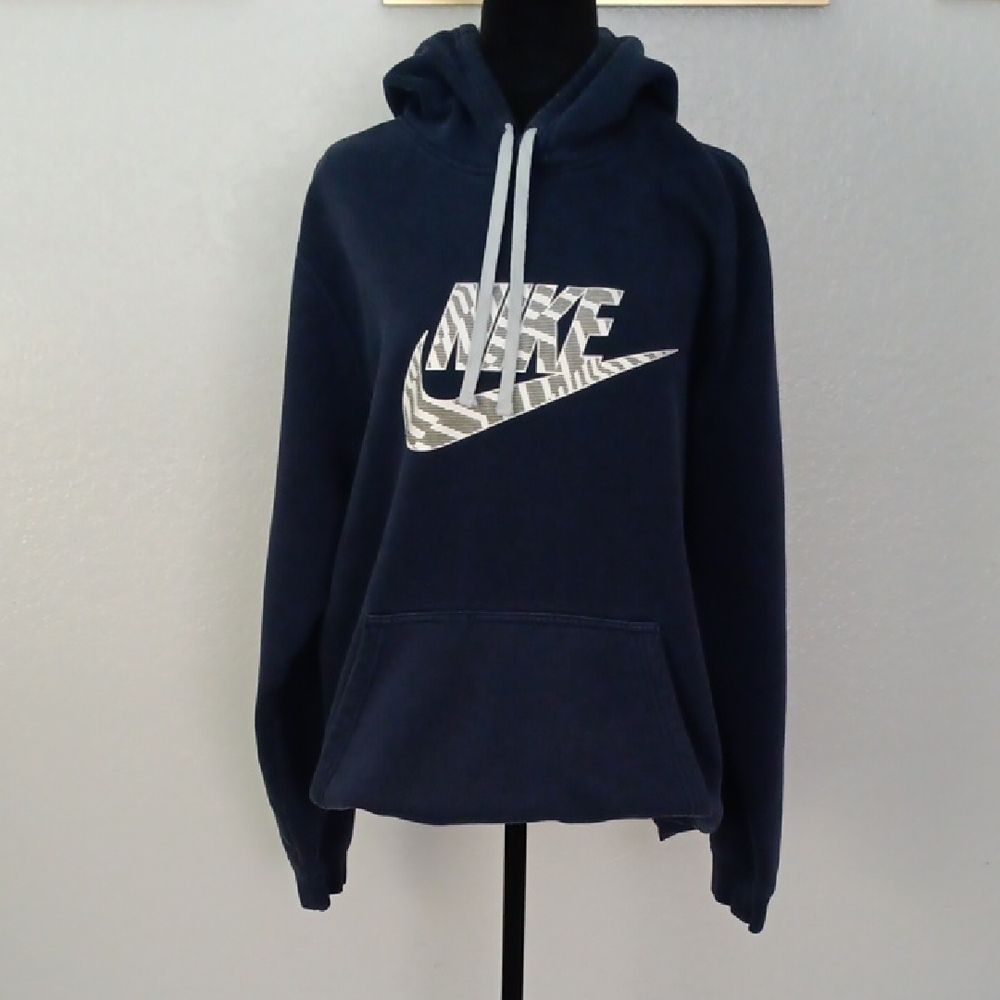Nike Women's Preloved Dark Blue Hoodie with White Logo